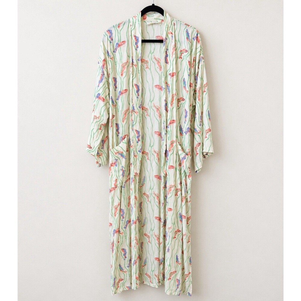 Natalie Martin Diane Kimono Robe L Pisces Koi Fish Print Rayon Belted Duster